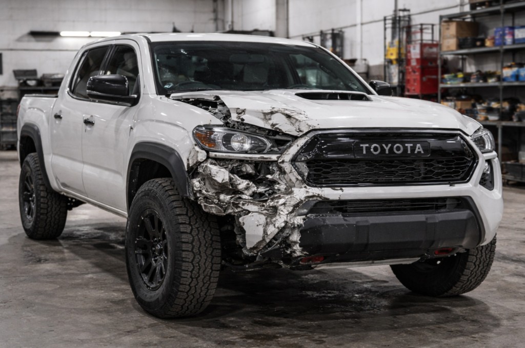 Avant réparation — Toyota Tacoma avec dommages à l’avant-passager
