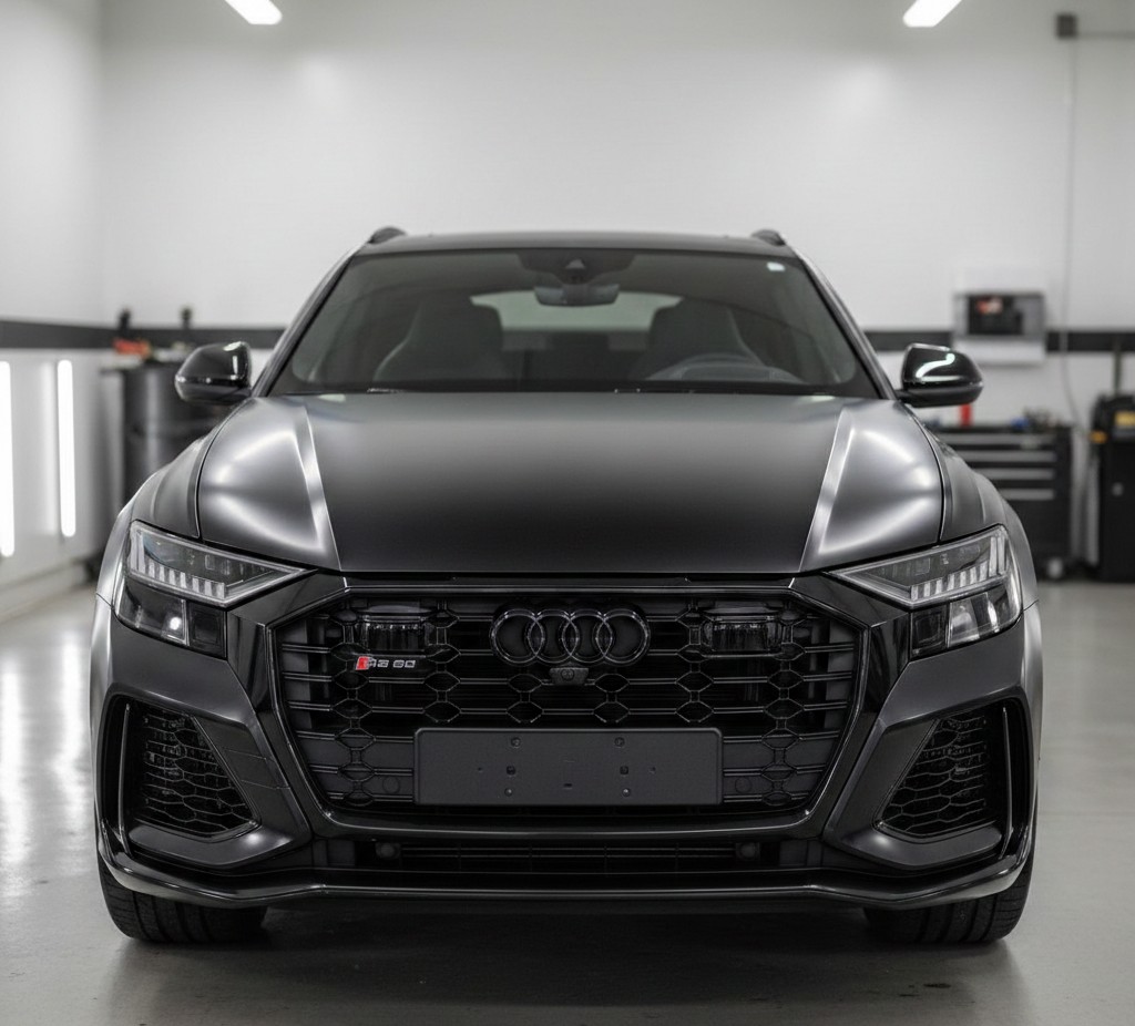 Audi RS Q8 noir mat, vue de face dans un atelier professionnel