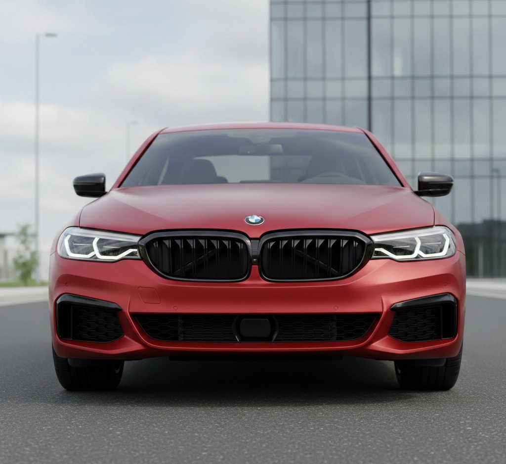 BMW berline rouge mat, vue de face