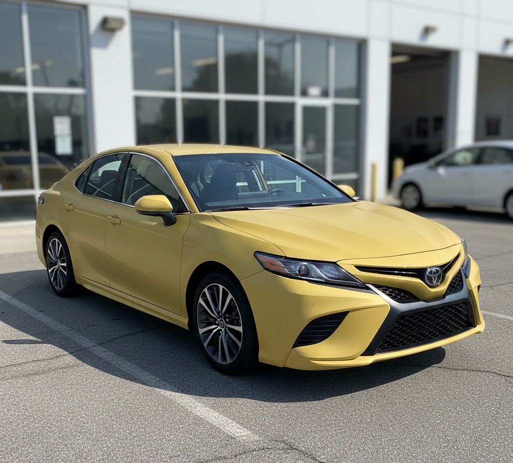 Toyota Camry jaune moutarde, trois quarts avant